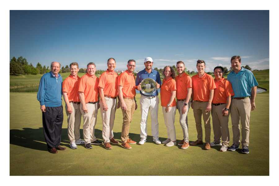 The Glen Club team, Steve Lesnik and Josh Lesnik with the winner of the 2019 Web.com Evans Scholars Invitational at The Glen Club in Glenview, Illinois