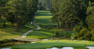 Looking back from the 16th green on the Green Course at Golden Horseshoe Golf Club in Williamsburg, Virginia