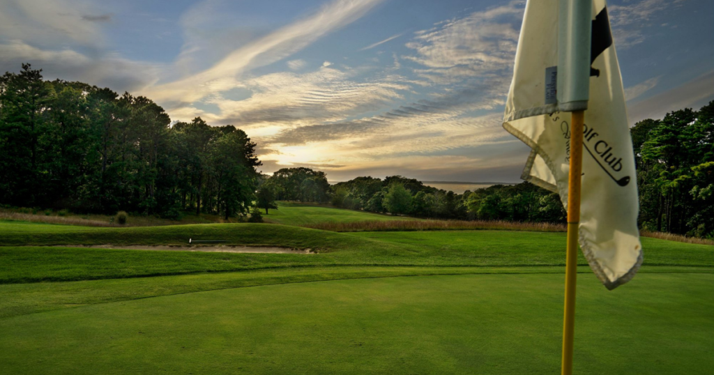 Looking back at a hole from the green at Mink Meadows Golf Club in Vineyard Haven, Massachusetts