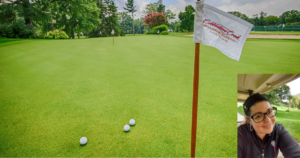 Practice putting green with photo of Chrissy Caramma at Cobblestone Creek Country Club in Lawrenceville, New Jersey